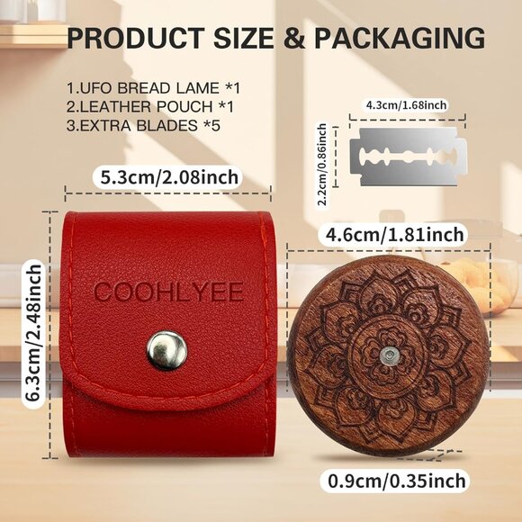 Wooden Lame Bread Scoring Tool with 5 Razor Blades and Leather Storage Cover - Picture 1 of 7